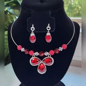 CATO Red and Rhinestone Statement Choker and Earrings Set / Pierced